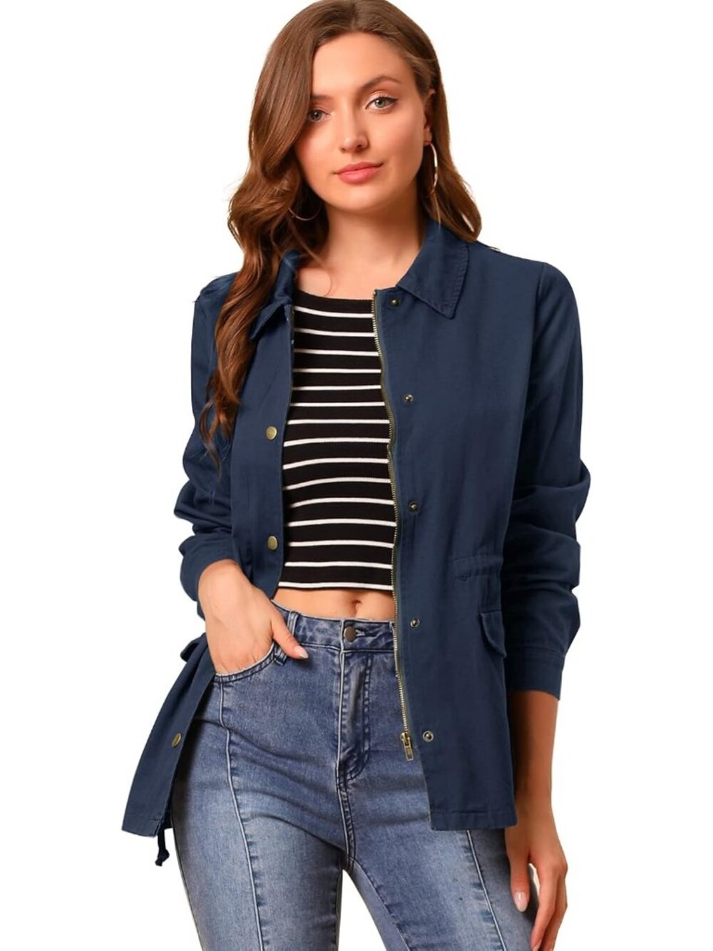 Women's Navy Zip Up Snap Buttons Drawstring Waist Pockets Anorak Utility Jacket
